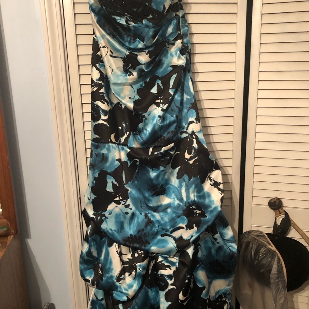 Blue and Black Floral Prom Dress